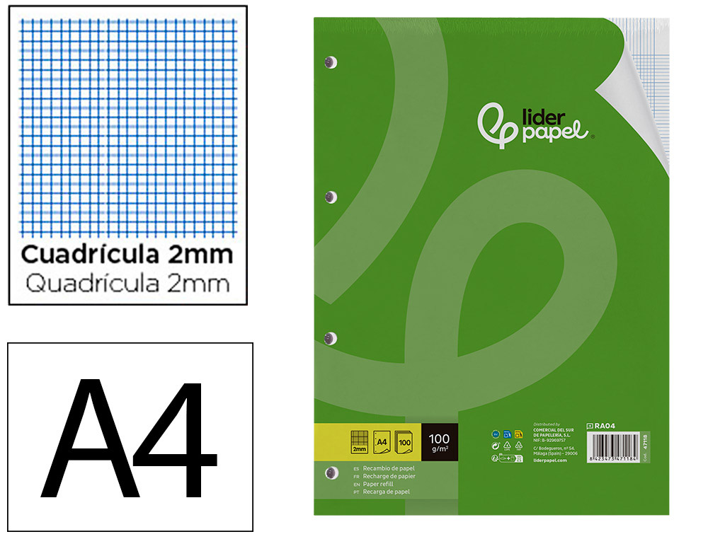 RECAMBIO LIDERPAPEL A4 100 HOJAS 100G/M2 MILIMETRADO 2MM SIN MARGEN 4 TALADROS